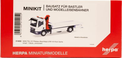 Herpa 014052 (1:87) – MAN TGL Plateau-Abschleppfahrzeug mit Kran. Herpa Modelle als Bausatz 