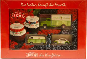 Brekina (1:87) –  Werbemodell Set Zentis Konfitüre VW T1,  MAN 520, VW Käfer 