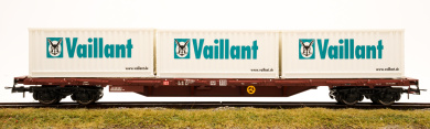 Rivarossi HR6165 – Rungenwagen Rs der DB AG, beladen mit drei 20ft-Containern Vaillant 