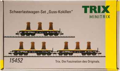 Minitrix 15452 – 3-teiliges Schwerlastwagen-Set Sa 705 der DB, mit jeweils drei Guss-Kokillen beladen  