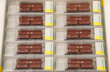 Minitrix 15458 – 10-teiliges Selbstentladewagen-Set OOtz 41 der DB, mit echtem Eisenerz beladen 