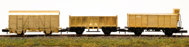 Arnold 8001/17085 – 3-tlg. Güterwagenset Hochbordwagen mit Bremserhaus, Gehäuse 24 Karat vergoldet 