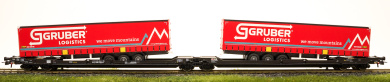 Roco 77397 (DC) – Doppeltaschen-Gelenkwagen Sdggmrss der Kombi Verkehr, Beladen mit zwei LKW-Aufliegern der Spedition Gruber Logistics 