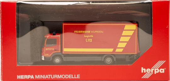 Herpa 091435 (1:87) – Mercedes-Benz Atego Koffer-LKW mit Ladebordwand Feuerwehr Wuppertal, GW Logistik 