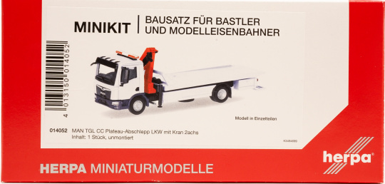 Herpa 014052 (1:87) – MAN TGL Plateau-Abschleppfahrzeug mit Kran. Herpa Modelle als Bausatz 