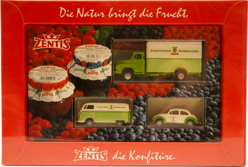 Brekina (1:87) –  Werbemodell Set Zentis Konfitüre VW T1,  MAN 520, VW Käfer 