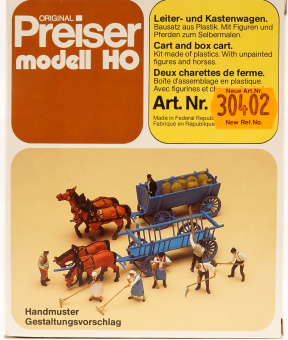Preiser 30402 (1:87) – Leiter und Kastenwagen mit Figuren und Pferden, Bausatz unbemalt 