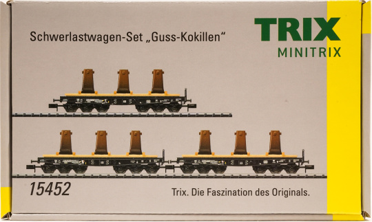 Minitrix 15452 – 3-teiliges Schwerlastwagen-Set Sa 705 der DB, mit jeweils drei Guss-Kokillen beladen  