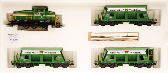 Märklin 28453 – 4-teiliger Schweizer Kies-Transportzug der Makies AG, mit Em 3/3, digital (MM) & Telex-Kupplung 