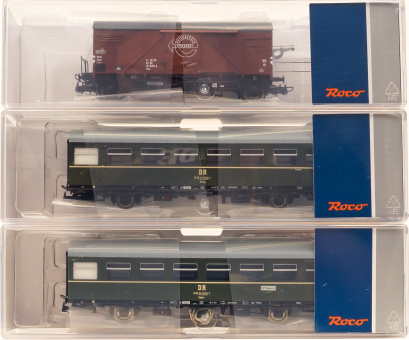 Roco 6200010 (DC) – 3-teiliges Wagen-Set Gms, Baage und Bagtre der (D)DR 