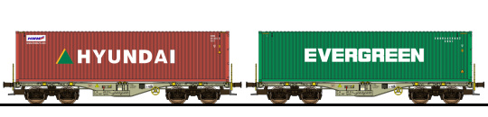 ESU 36609 – 2 Containertragwagen Sgmmns -HYUNDAI, EVERGREEN- der D-AAEC 
