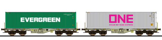 ESU 36611 – 2 Containertragwagen Sgmmns -EVERGREEN, ONE- der D-AAEC 