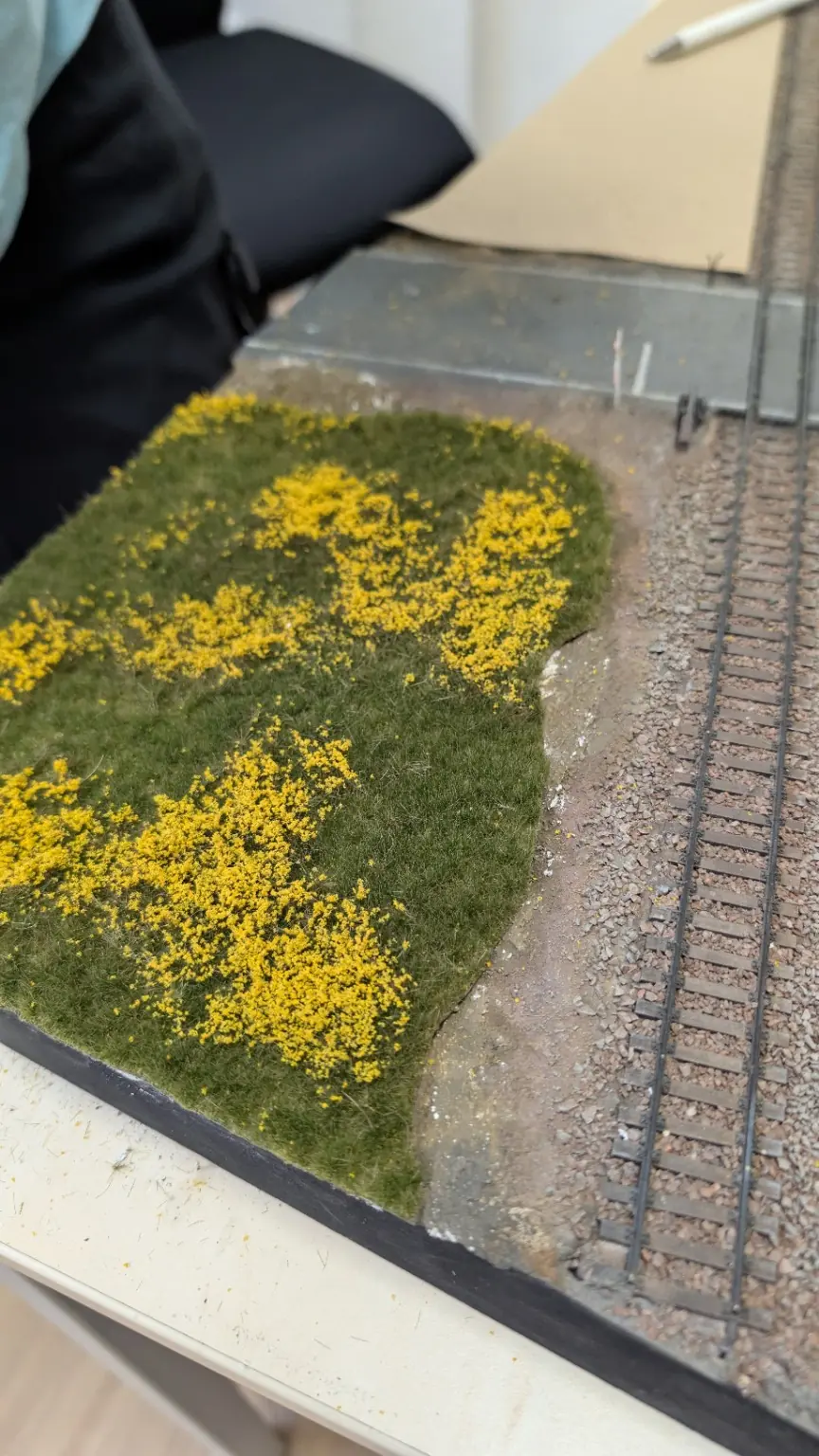 Eingepasste gr&uuml;ne Landschaftsmatte mit gelben Bl&uuml;ten neben mehreren Gleisen